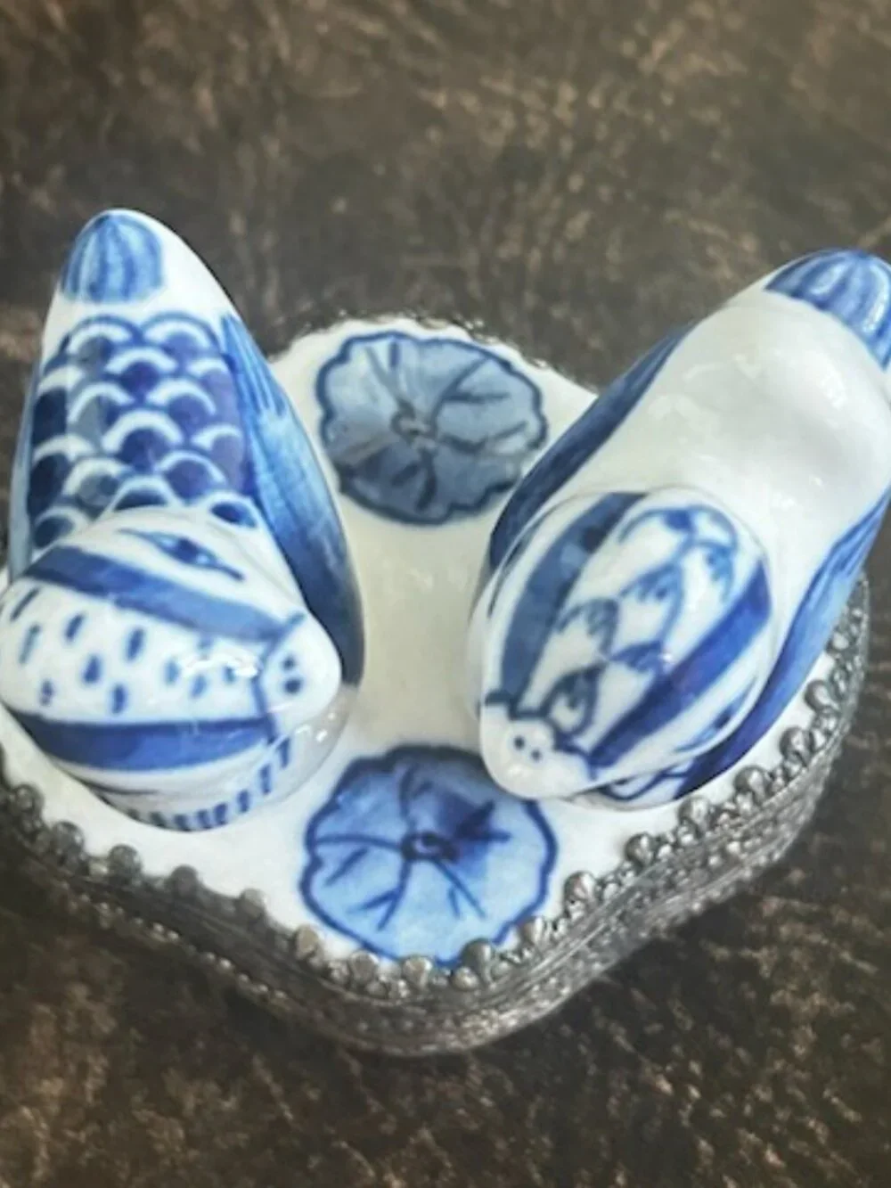Vintage Blue & White Chinese Silver Plated Trinket Box With Hand-Painted Birds